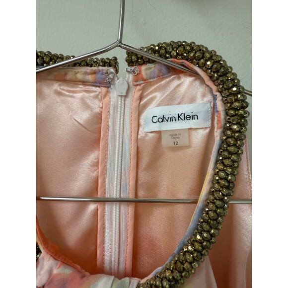 Calvin Klein Chiffon Floral Print Beaded Halter Draped Maxi Dress Pink Size 12 - Picture 6 of 8